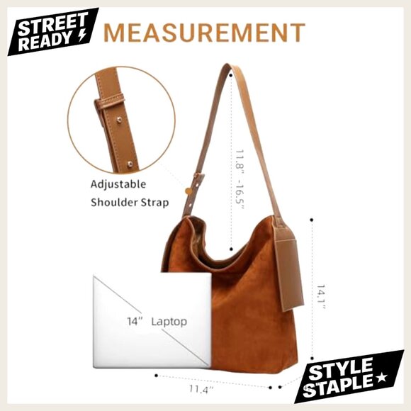 Soft Slouchy Suede Hobo Shoulder Bag, Adjustable Strap, Crossbody Tote Purse - Picture 5 of 7